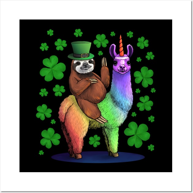 Leprechaun Sloth Riding Llama Unicorn St Patricks Day Wall Art by Jay Diloy